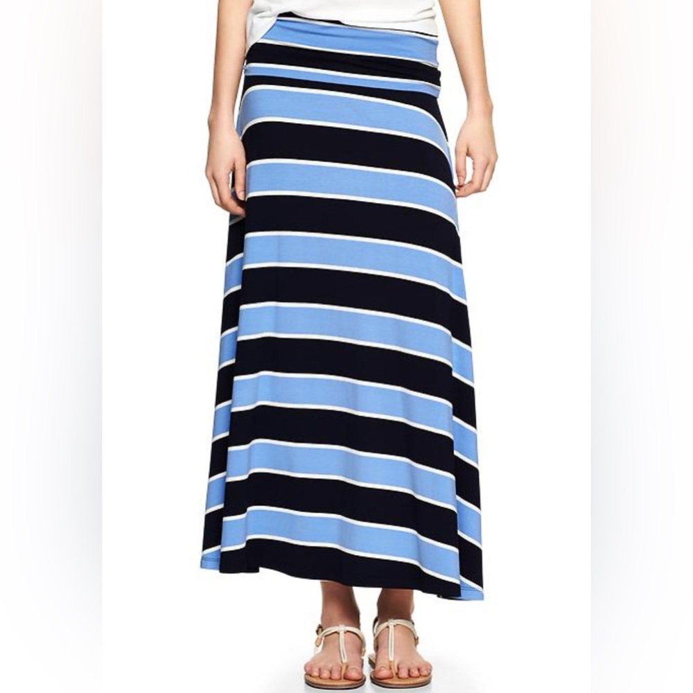 GAP Blue Striped Jersey Fold Over Waist Flowy Preppy‎ Summer Maxi Skirt Size L